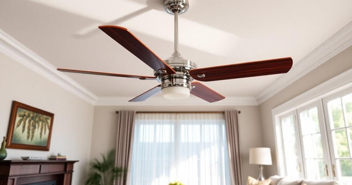 Čistý moderní stropní ventilátor běžící ve světlém, dokonale uklizeném obývacím pokoji