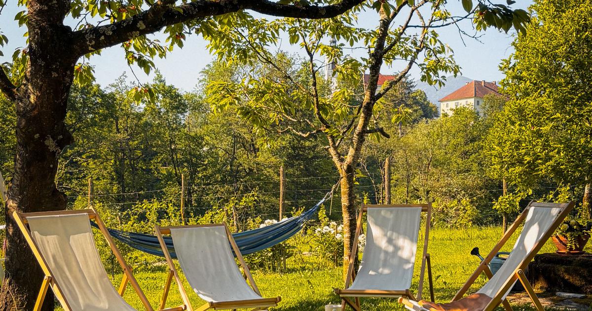 Špinavé plastové židle na terase se skvrnami od zeleného pylu